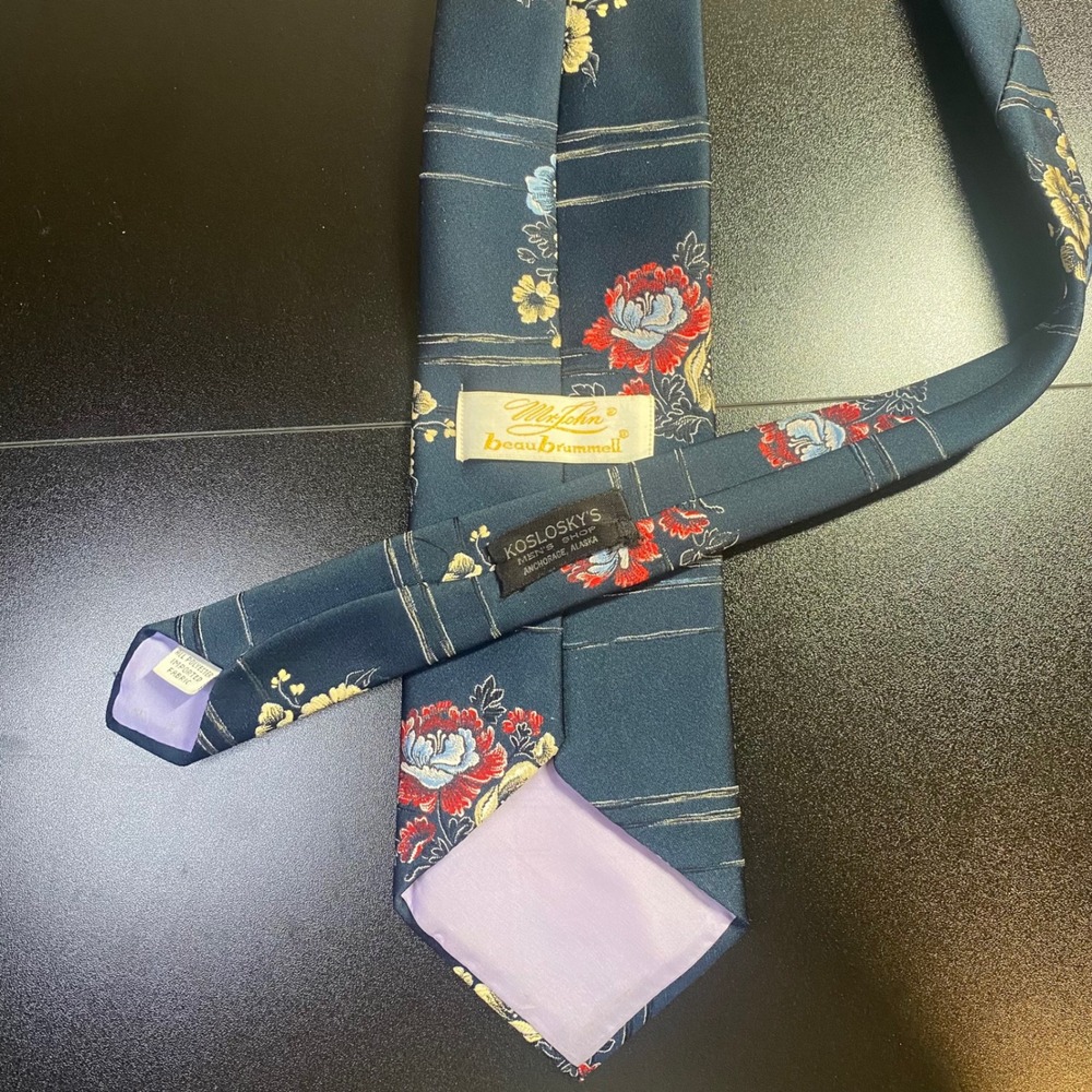 Mr John Beau Brummell Mens Necktie Floral Stripe Wide 4 Inch Navy Blue Vintage - Picture 2 of 4